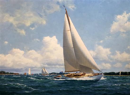§ Deryck Foster (b.1924) Sailing out of the Hamble 21.5 x 29.75in.
